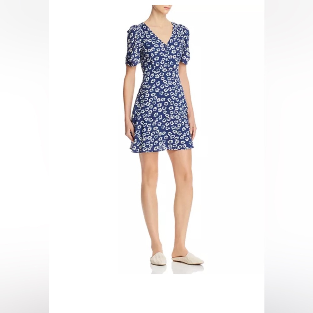 AQUA Blue and White Ruched Puff Sleeve Mini Sundress